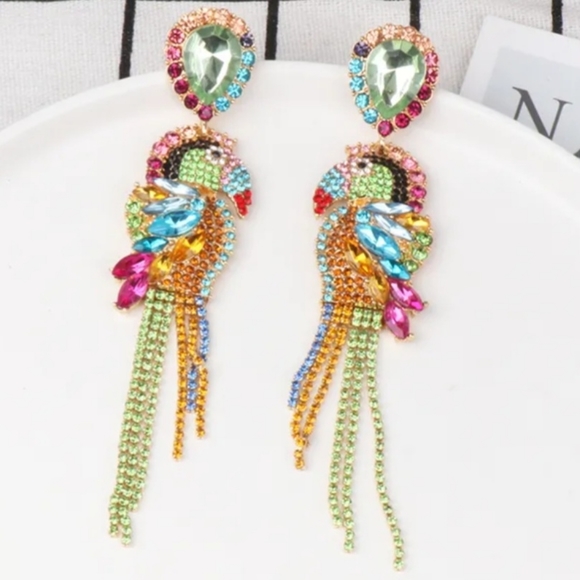 Parrot Rhinestone Statement Earrings Multi-color - Picture 7 of 9